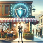 A small business owner stands confidently in front of their shop, which features a digital shield for cybersecurity. The shop is active with customers, under a sunny sky, embodying a secure, innovative community spirit.