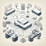 Illustration of a simplified network infrastructure in a small business setting, featuring icons for a router, switch, and firewall connected by lines to symbolize data flow, set against a backdrop of a modern office with desks and computers.