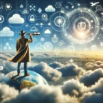 A small business owner stands on a cloud, peering through a telescope at symbols of cloud services, representing the exploration and adoption of cloud technologies.