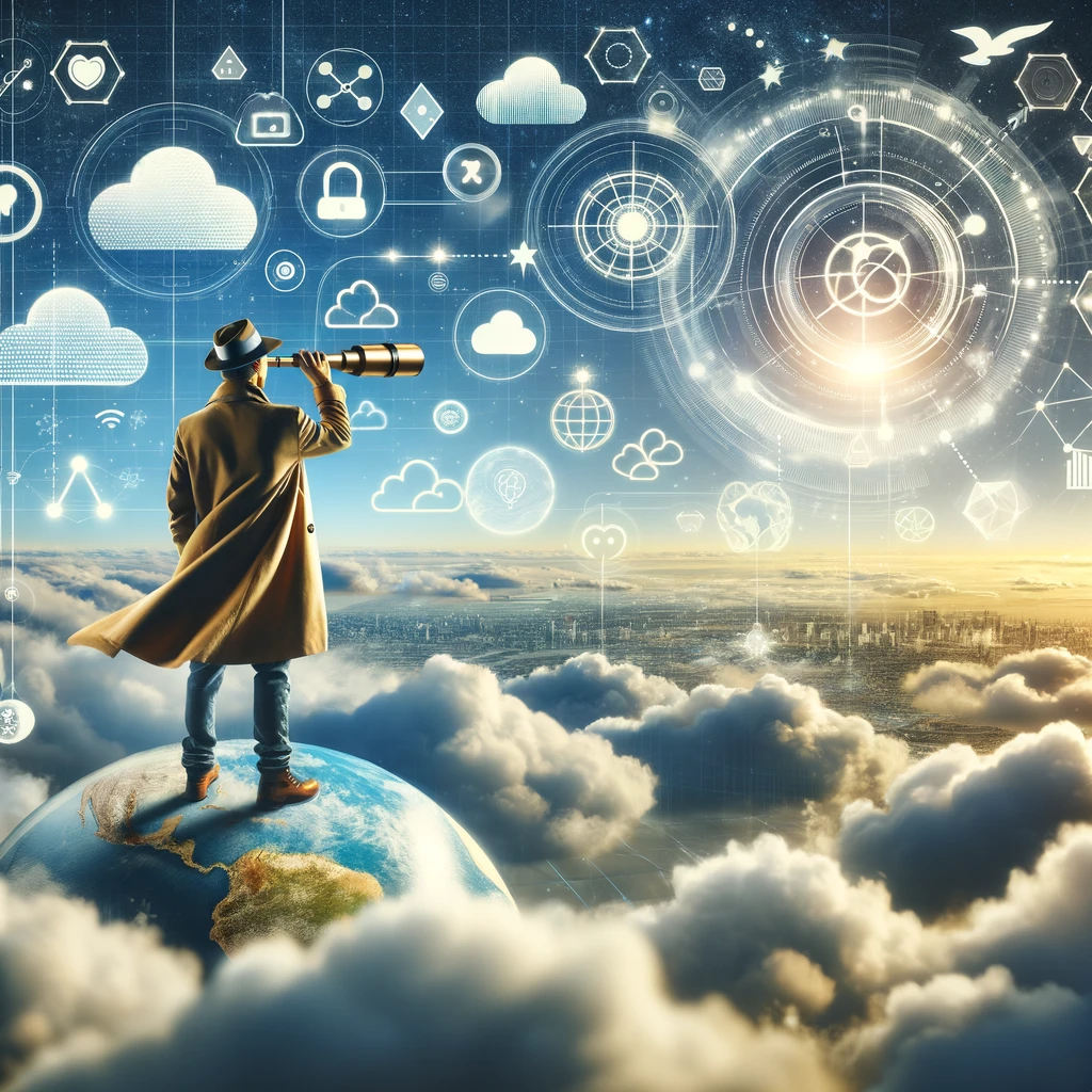 A small business owner stands on a cloud, peering through a telescope at symbols of cloud services, representing the exploration and adoption of cloud technologies.